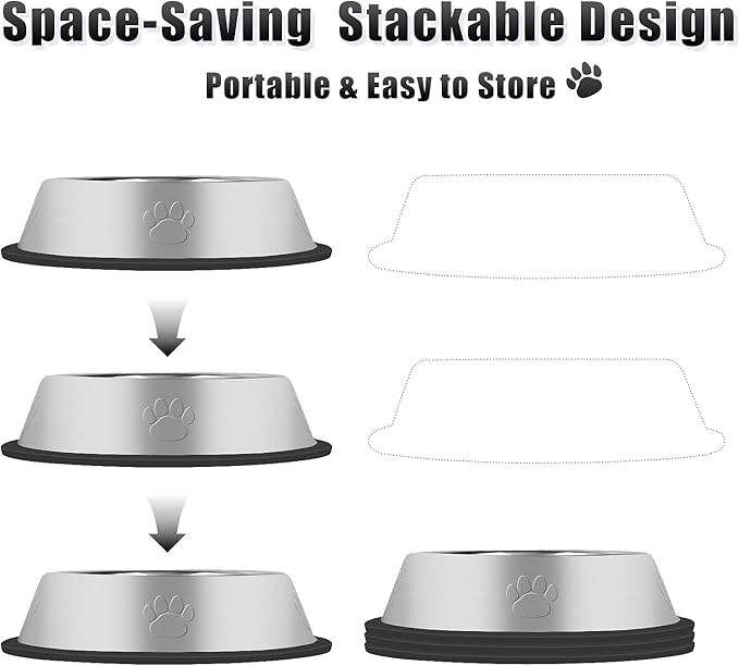 3Pcs Stainless Steel Dog Bowls Set with Dog Paw Pattern- Non-Slip Food and Water Bowl 36 Oz - Dishwasher-Safe, Rust Resistant Metal Pet Bowls for Small/Medium/Large Sized Pets