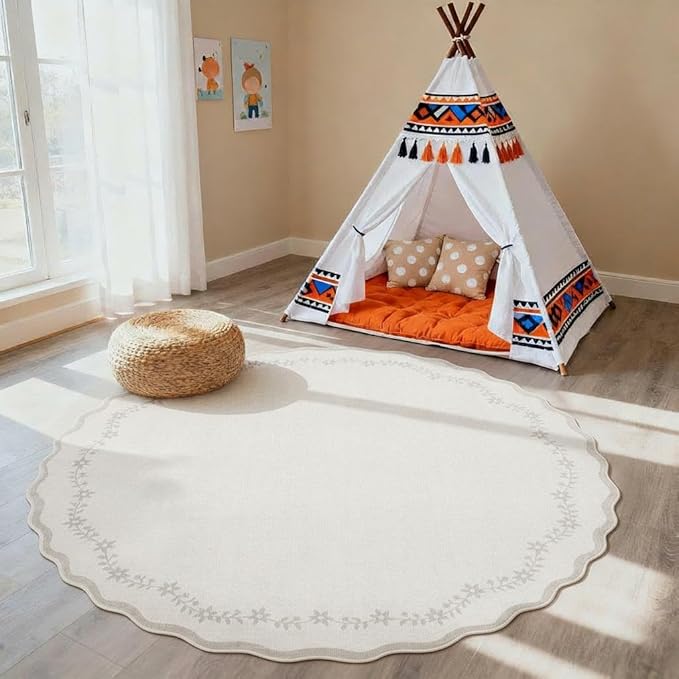 GarveeHome Round Area Rugs 5ft for Bedroom, Solid Beige Washable Circle Rug Soft Non Slip Floral Print Floor Mat Carpet Indoor Thin Rug for Kids Room Dining Room Playroom Nursery