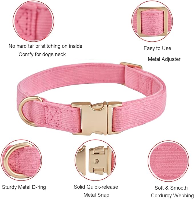 Soft Corduroy Fibric Dog Collar with High Grade Metal Buckle, for Small Dogs.(Pink,Small:10-15")