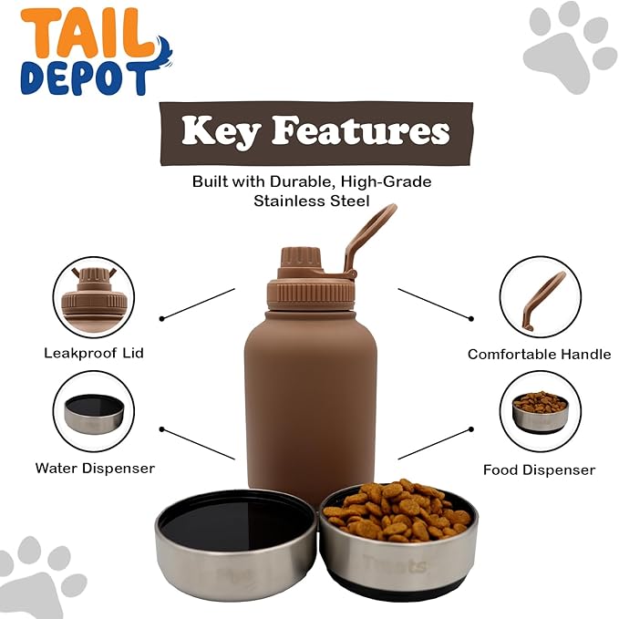 Tail Depot Snack Tank Dog Water Bottle Portable, Pet Water Bottles for Puppy with Food Container, Leak Proof Pet Dispenser for Cats, Small Animals, Dog Gift Accessories Walking, Hiking (1 Liter)