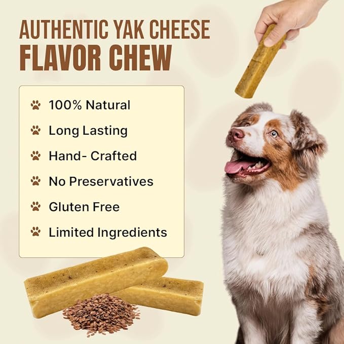 Tibetan Yak Cheese Dog Chew Sticks (4 Medium Chews) Flaxseed Flavored - Natural, Handmade, Long-Lasting, Easy to Digest, Ideal for Medium Dogs and Aggressive Chewers, Rawhide, Grain and Gluten Free