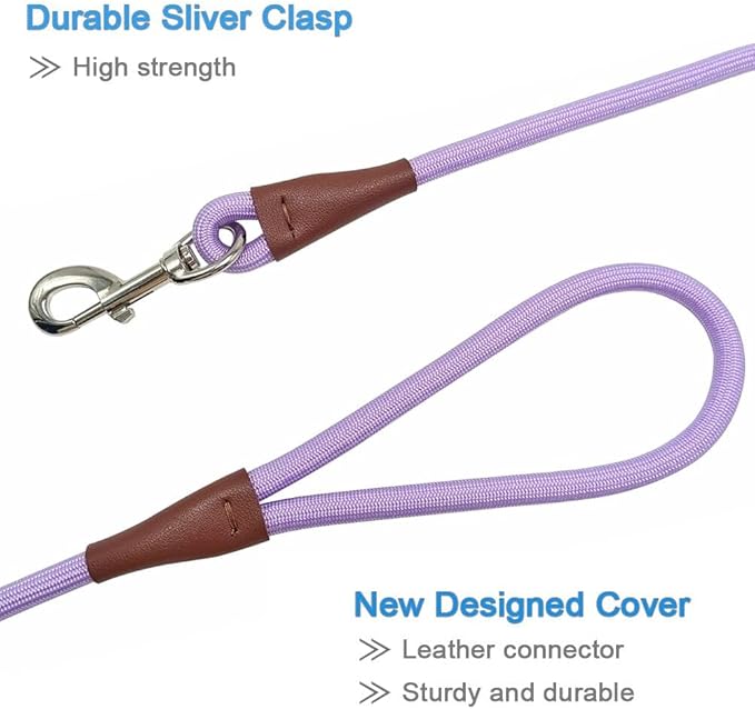 MayPaw 6/8 /10 FT Dog Leash, Classic Solid Colors, Strong Nylon Rope Dog Leash Reinforced with Leather Tailor Connection Heavy Duty Silver Clasp (Purple, 8ft*1/2")