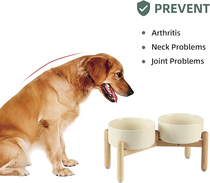 Ceramic 7.3inch Raised Double Bowls Set with Wooden Stand, Food & Water Bowls for Medium Breed Dogs, Weighted Dog Dishes, Pet Feeder(Beige)