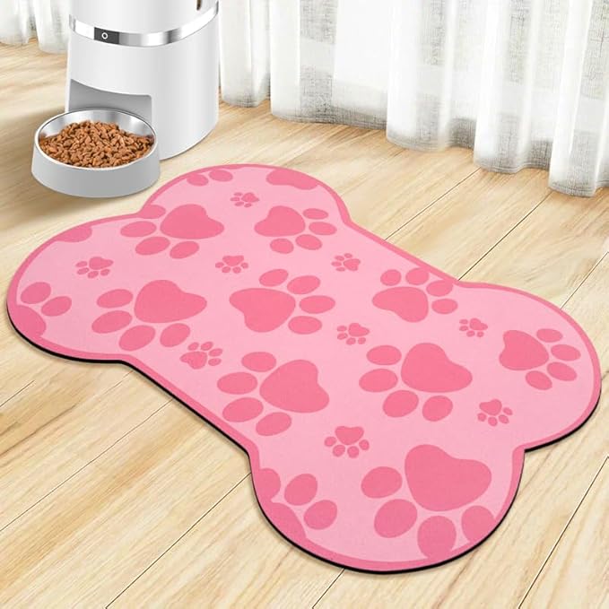 Dog Food Mats for Floors Waterproof, Pet Feeding Absorbent Water Bowl Mat Cat Placemats Pink Bone Shape 23.6 * 15.7 inch