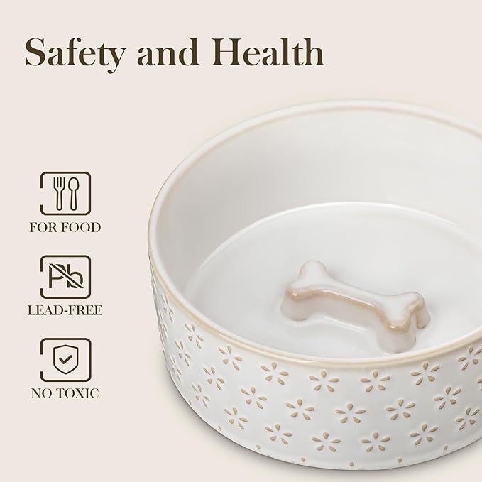 MALACASA Ceramic Dog Food Bowl, 3.5 Cups or 32oz Dog Food Water Dish for Mudium Breeds, Pet Bowl Dishwasher & Microwave Safe, Five-Leaf Grass, Series Lydia