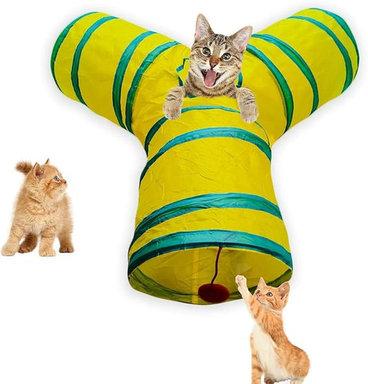 Cat Tunnel Tube Toys，Tunnels for Indoor Cats, Collapsible Interactive Toy with Balls for Rabbits, Kittens, Ferrets, Puppy (3 Way Yellow Green)