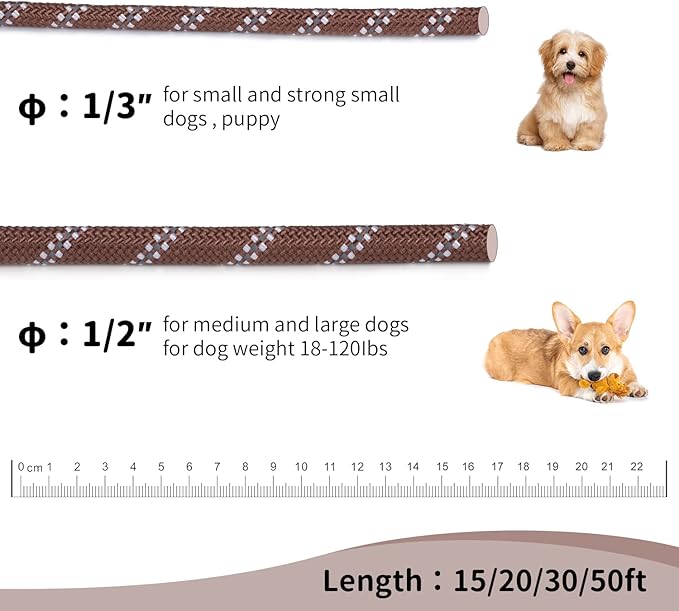 Long Dog Leash for Training 15Ft-Reflective Nylon Rope with Swivel Hook-Recall Agility Lead for Large Small Medium Dogs Outside Walking Hiking-Brown Diam 1/2"
