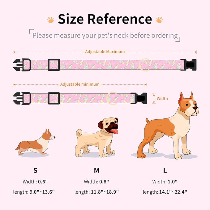 Cotton Dog Collar,Adjustable Cute Puppy Collar with Moon Patterned Design for Small Medium Large Dogs,Soft and Fancy Pet Collar with Safety Buckle for Girl Boy Dogs (Red Ice Cream, L)