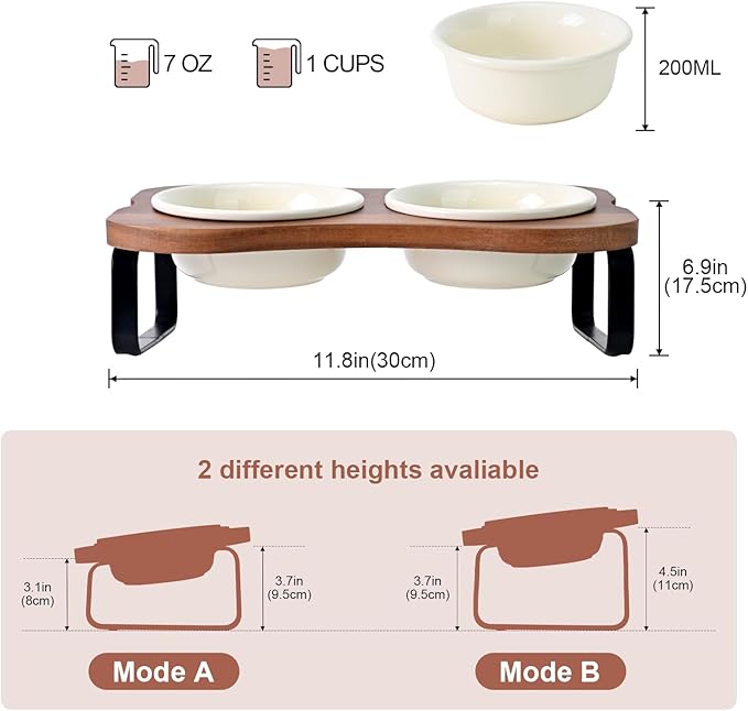 SPUNKYJUNKY Ceramic Elevated Tilted Dog Bowls Bone-Shaped Raised with 2 Height Iron Stand, 4.9'' Dog and Cat Food Water Bowls Set Non-Slip for Puppy Kitten Small Sized Breed - 7 OZ,Beige