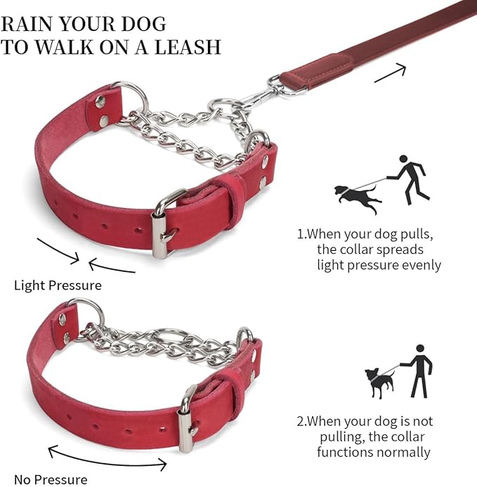 Martingale Collar for Dogs No-Pull Adjustable Training Collar with Stainless Steel Chain - Genuine Leather Anti-Slip Design for Small,Medium,Large Breed Dogs - Red (L)