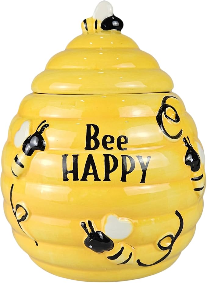 Hanna's Handiworks Bee Happy Honey Hive Mini Cookie Jar – Ceramic Bee Hive Pot Canister with Lid for Sweets & Treats, Tea, Desserts – Kitchen Countertop Decor for Parties at Home, Office, & School