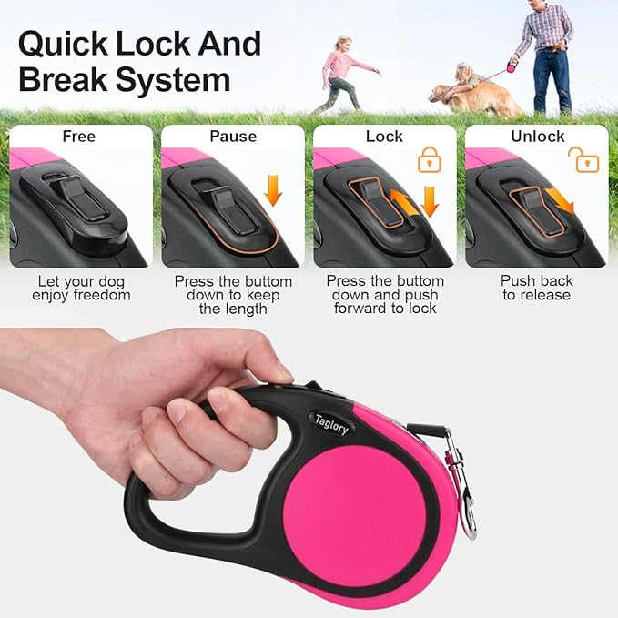 Taglory Retractable Dog Leash, 16ft No Tangle Leash Retractable for Medium and Large Dogs Up to 100 lbs, One-Handed Brake, Pause, Lock, Pink