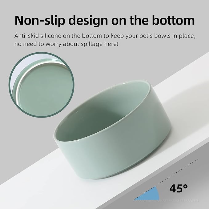 Ceramic 5.1inch Set of 2 Dog and Cat Bowls, 2pcs Anti-Slip Food and Water Feeder Dishes for Puppies, Kitties, Cats(2 Bowls, Light Green)