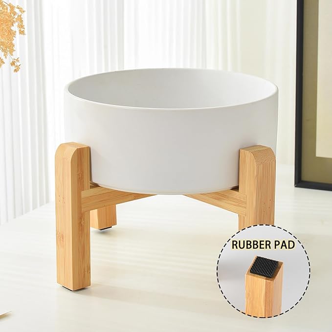 6'' Ceramic Raised Dog Bowl - 30Oz Dog Food & Water Bowl with Elevated Non-Slip Bamboo Stand, Dishwasher & Microwave Safe, Anti Vomiting Heavy Duty Pet Bowl for Small and Medium Dogs, White