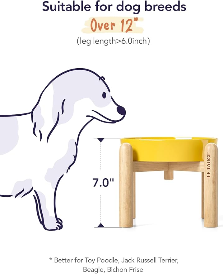 LE TAUCI Ceramic Slow Feeder Puzzle Bowl Elevated 1.5 Cup with Wooden Stand for Small & Medium Dog, Fast Eater Food Bowl, Star Yellow