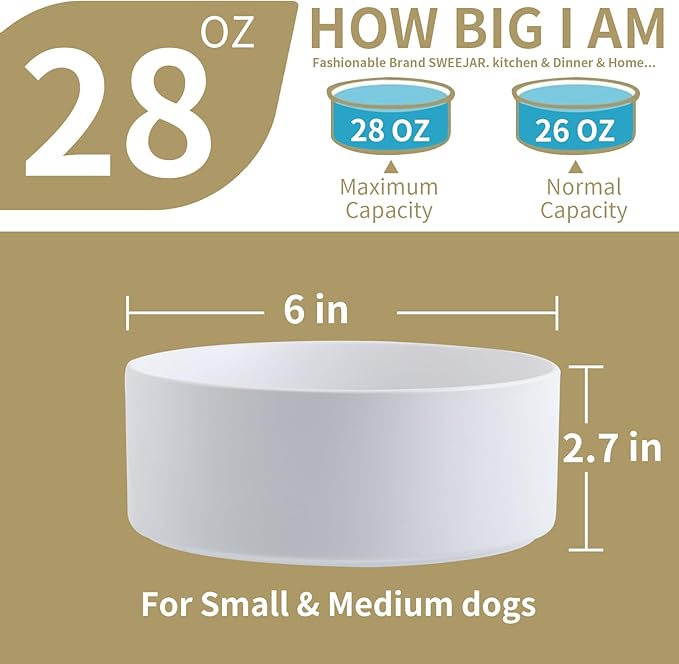 White Raised/Elevated Ceramic Dog Bowl for Small Medium Sized Breeds,Dog Food Water Bowl with Stand,6 in Non Slip Heavy Weighted 3.6 Cups