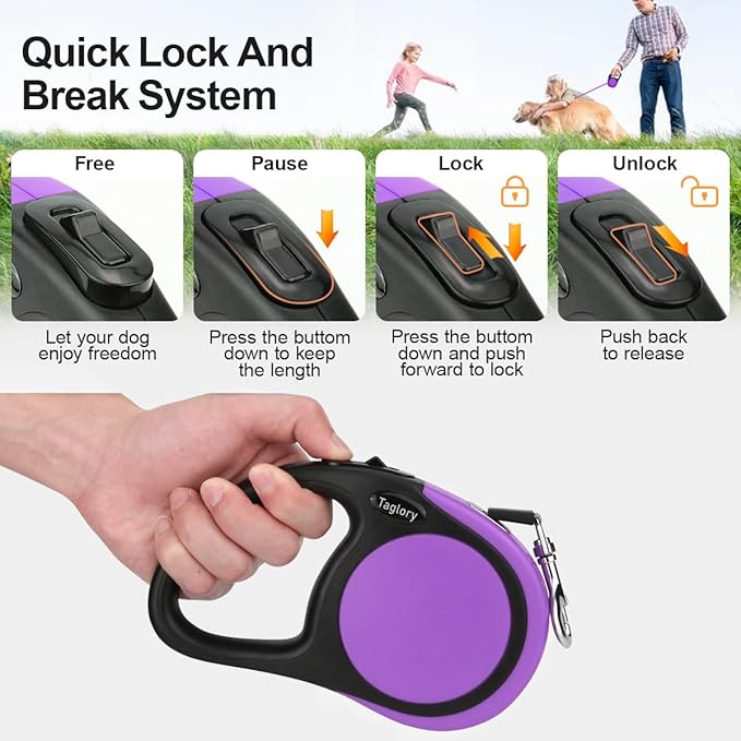 Taglory Retractable Dog Leash, 16ft No Tangle Leash Retractable for Small Medium Dogs Up to 44 lbs, One-Handed Brake, Pause, Lock,Purple