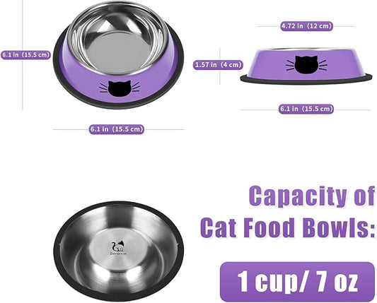 3 Pcs Non-Slip Stainless Steel Small Cat Food Bowls - Unbreakable, Thicken 7 Oz Cat Dishes - Indoor, Removable Rubber Base, Easily Clean, Lovely Color