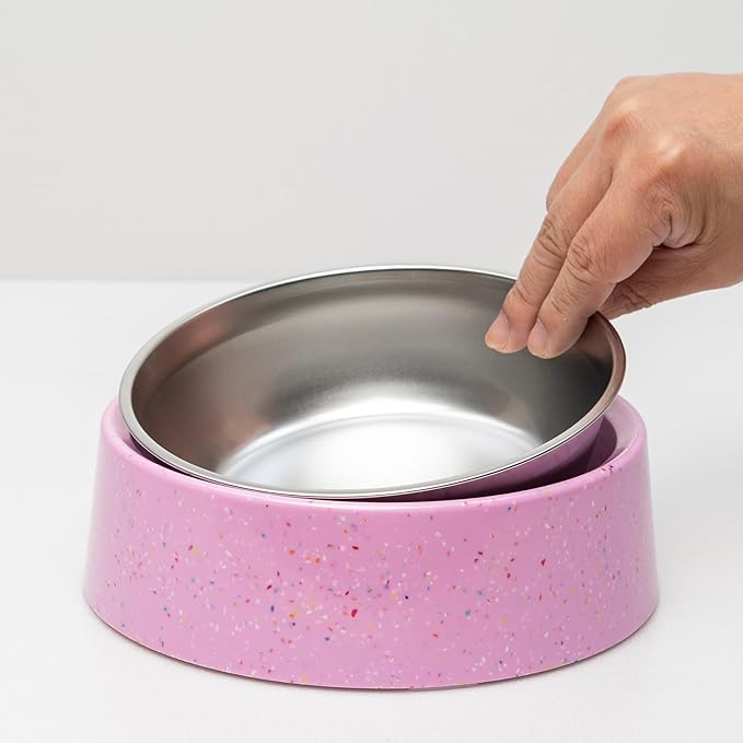 bzyoo 32oz 4CUP Elevated Dog & Cat Bowl, Sprinkle Design, Slanted Stainless Steel Pet Bowl with Removable Inner Bowl, Non-Slip Silicone Base, Dishwasher Safe, for Dry/Wet/Raw Food & Water Pink