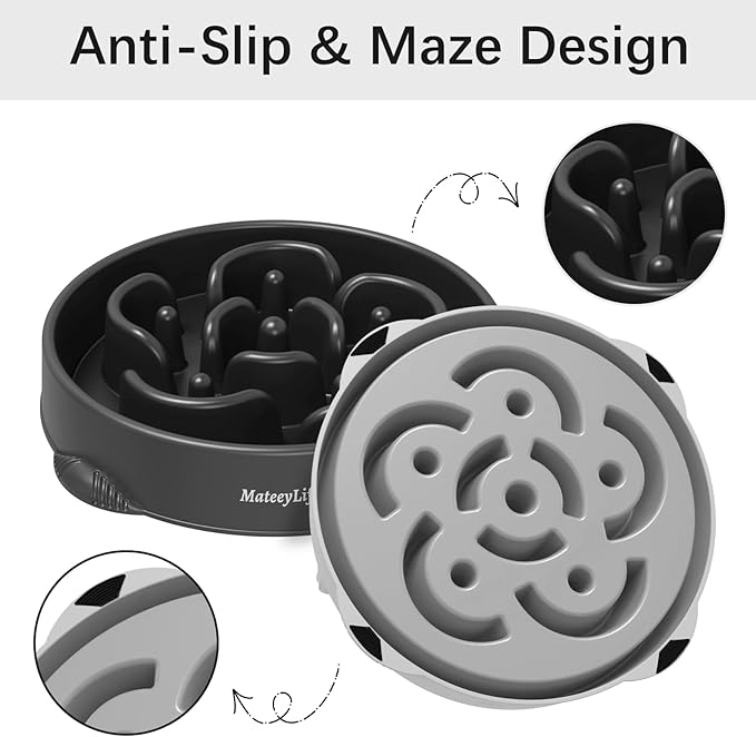 MateeyLife Large Slow Feeder Dog Bowls 2PCS, Anti-Choking Puzzle Dog Food Bowls, Anti-Slip Interactive Feeding Slow Down Eating, Bloat Stop Maze Dishes for Large Breeds 4 Cups Gray&Black