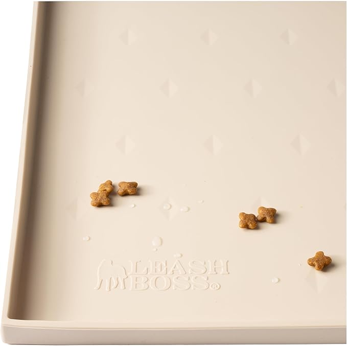 Leash Boss Waterproof Non-Slip Dog Bowl Mat - Dog Food Mat, Food-Grade Silicone Tray for Pet Bowls, XL, 25 x 17 in, Beige