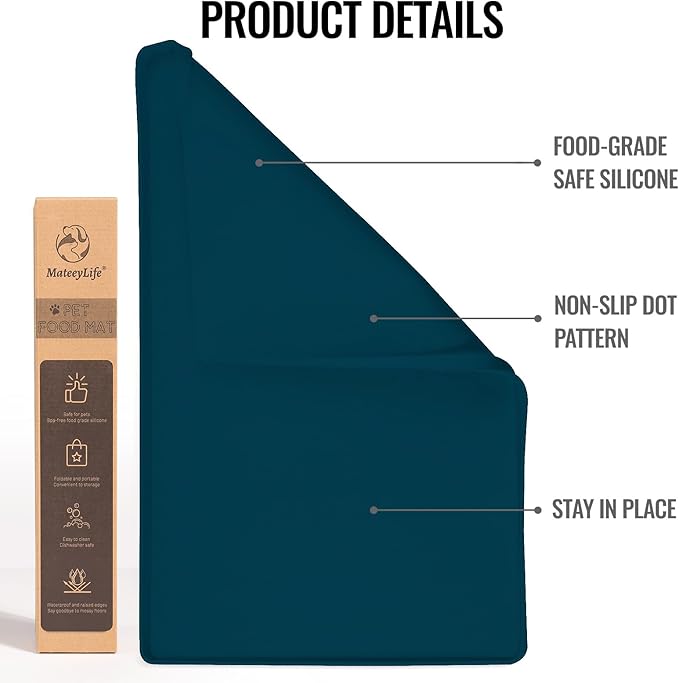 MateeyLife Dog & Cat Food Water Mat for Floors Waterproof, Nonslip Pets Bowl Feeding Mats with Raised Edges, Silicone Matt Tray for Messy Drinkers, 18"x12", Navy