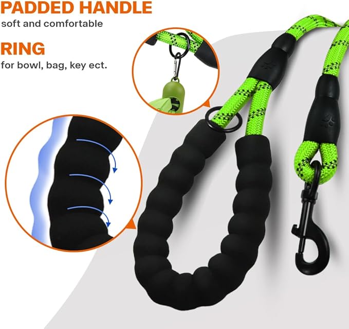 Taglory Rope Dog Leash 6 FT with Comfortable Padded Handle, Highly Reflective Threads Leash for Medium Large Dogs, 1/2 inch, Green