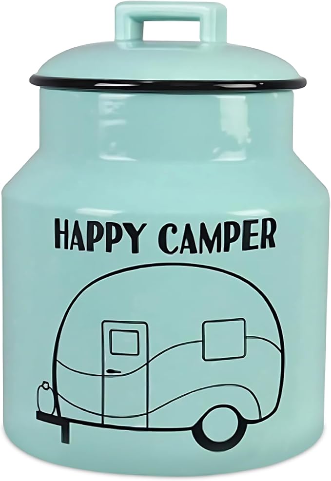 Young's Inc. Ceramic Cookie Jar - Cute Kitchen Counter Storage Canister with Lid - Perfect for Cookies, Coffee, Tea, Candy, Dog Treats, and More - Happy Camper - Mint