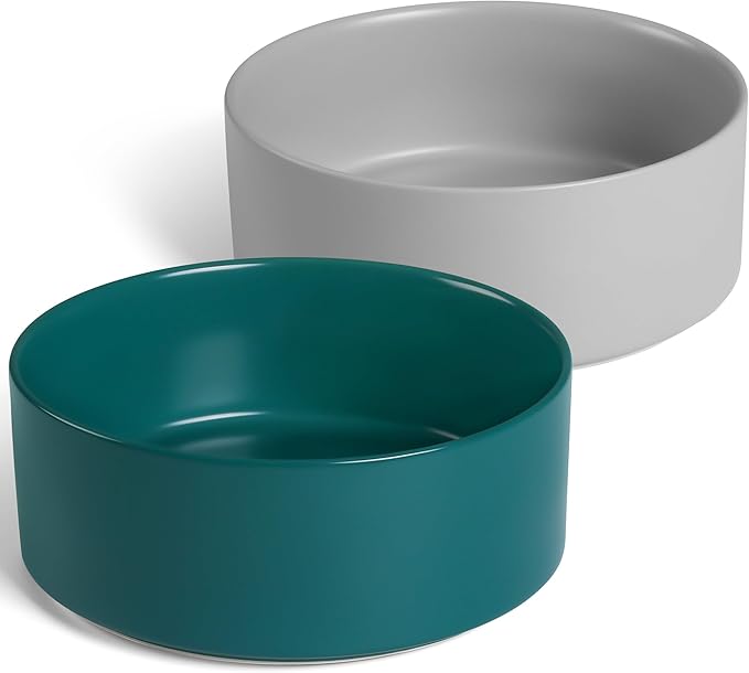 Large Dog Bowls, Non Slip Heavy Ceramic Dog Food and Water Bowl with White Silicone Base, 2 Pack Pet Feeding Bowls for Medium Big and Giant Dogs (Grey+Green, 8 Inches)