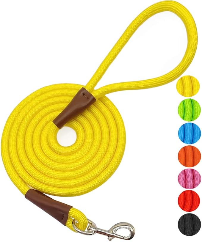 MayPaw 4/6 /8/10 FT Dog Leash, Classic Solid Colors, Strong Nylon Rope Dog Leash Reinforced with Leather Tailor Connection Heavy Duty Silver Clasp (Yellow, 6ft*1/2")