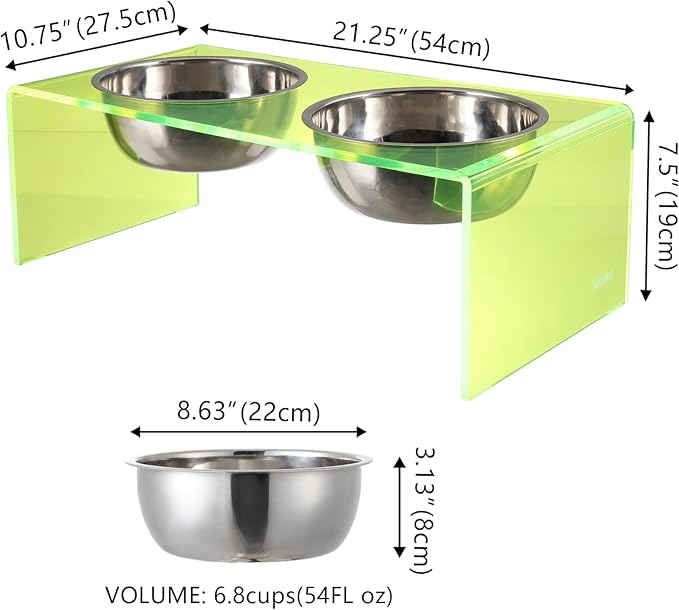 The LICKER Store DBL2001G Keaton 7.5" Medium/Large Modern Acrylic Rectangular Elevated Pet Feeder with 54oz 2-Stainless Steel Bowls, Green/Chrome