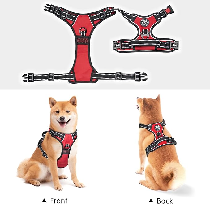 PoyPet Dog Harness No Pull, Reflective Adjustable No Choke Pet Vest with Front & Back Clips, Soft Padded and Control Training Handle for Large Dogs (Red, XL)