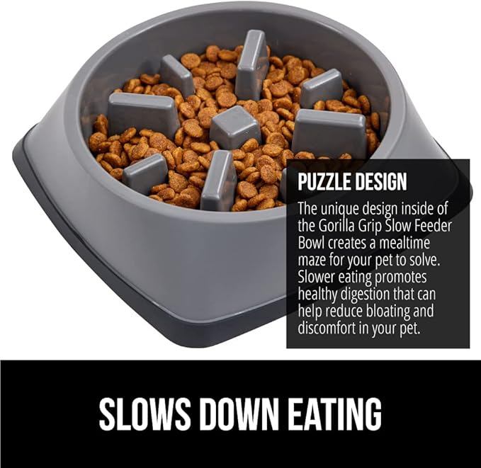 GORILLA GRIP Patented BPA Free Slow Feeder Dog Bowls, Interactive Puzzle Toy for Dogs and Cats Food Training Enrichment, Keeps Pets Busy and Prevents Puppy Overeating, All Breeds, 2 Cup, Gray