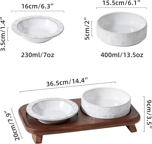 Wide Whisker Friendly Raised Cat Bowls Set with Acacia Wood Stand, Ceramic Food & Water Bowls for Cats, Puppy, Kitty, Relief Whisker Fatigue, Pet Bowl(1Bowl+1Dish+Stand, Arctic White)