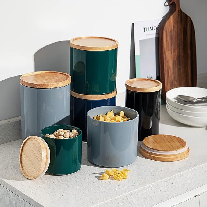 Sweejar Kitchen Canisters Ceramic Food Storage Jar, Stackable Containers with Airtight Seal Wooden Lid for Serving Coffee Bean, Flour, Tea, Spice and More - 39 Fl Oz (Navy)