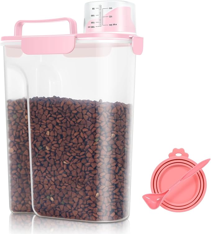 Pet Dog Cat Food Storage Container 5 to 7 lbs with Can Cover and Mixing Spoon, Airtight Pet Food Storage Dispenser with Large Spout & Measuring Cup for Kibble Dog Treat Bird Seed Container -Pink