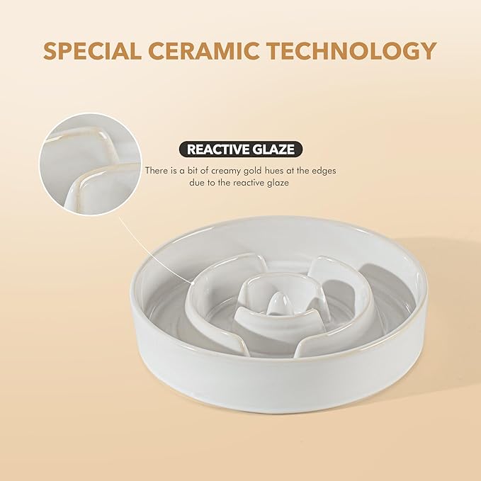 Ceramic 1.2 Cup Dog Bowl Slow Feeder for Medium and Small Dog, 7.3inch Pet Slow Dish, Stop Bloat, Preventing Choking(Single Bowl, Reactived Glaze -White)