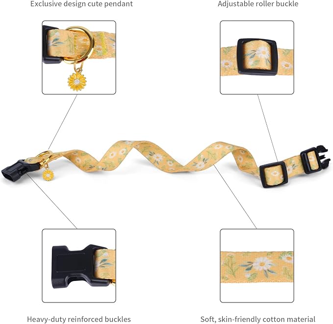 Cotton Handmade Dog Collar for Small Medium Large Dogs,Yellow Daisy with Pendant Cute Dog Collars (Medium)