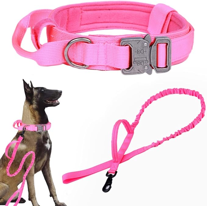 Xqpetlihai Tactical Dog Collar and Leash Set Adjustable Military Nylon Dog Collar with Control Handle and Heavy Duty Metal Buckle for Large Dogs（Pink M