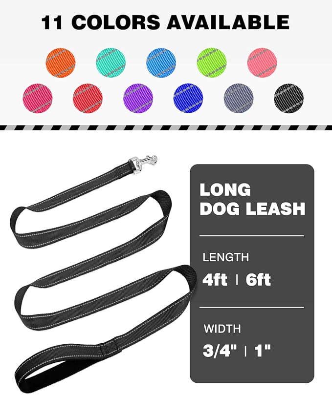 Reflective Dog Leash 6ft Soft Padded Handle Nylon Lead for Medium & Large Dogs, Durable Walking Training Leash for Night Safety (Black,1Inch Wide)