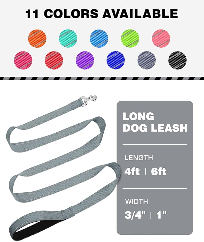 Reflective Dog Leash 6ft Soft Padded Handle Nylon Lead for Medium & Large Dogs, Durable Walking Training Leash for Night Safety (Gray,1Inch Wide)