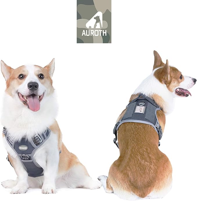 Auroth Tactical Dog Harness for Small Medium Dogs No Pull Adjustable Pet Harness Reflective K9 Working Training Easy Control Pet Vest Military Service Dog Harnesses Grey M