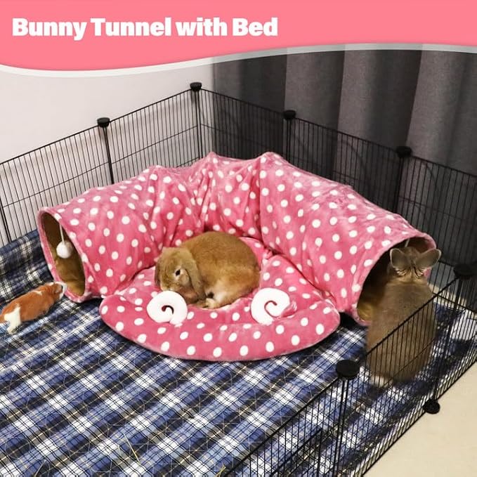 BWOGUE Bunny Tunnel Bed, 2-in-1 Collapsible Tunnel Tubes Toys with Removable Mat Hideout for Cats Kittens Rabbits Guinea Pigs Kitty
