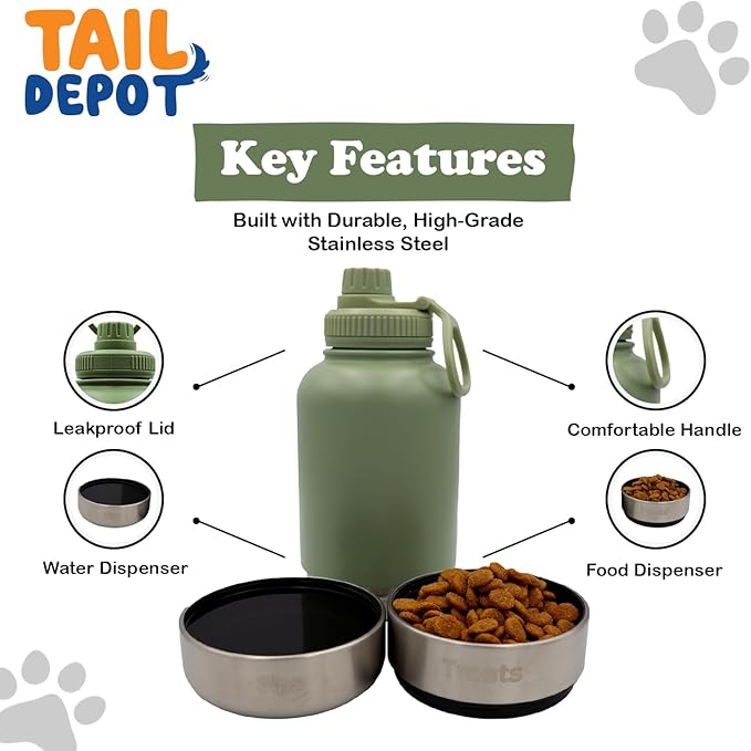 Tail Depot Snack Tank Dog Water Bottle Portable, Pet Water Bottles for Puppy with Food Container, Leak Proof Pet Dispenser for Cats, Small Animals, Dog Gift Accessories Walking, Hiking (1 Liter)