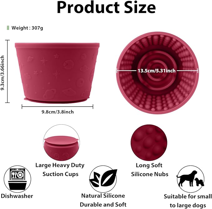 Dog Slow Feeder Lick Bowl - Non-Slip Licking Treat Dispenser for Small Medium Large Dogs, Promotes Anxiety Relief & Prevents Choking, Easy to Clean Feeding Bowl (Wine Red, L)