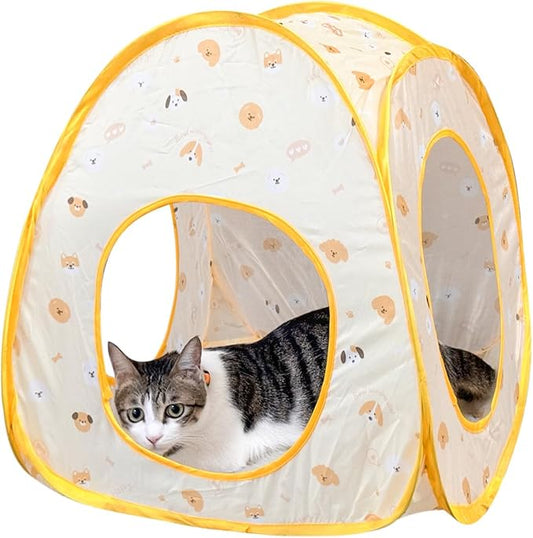 Andiker Cat Tent, 3 Holes Safe and Strong Cute Cats Tunnel Collapsible Easy to Carry Cat House for Indoor Cats Kittens Hiding Playing Training Sleeping(Tent Yellow)