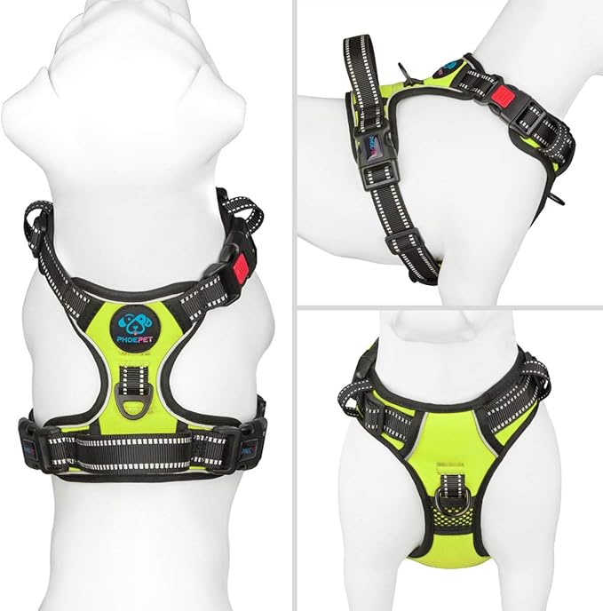 PHOEPET No Pull Dog Harness Medium Reflective Front Clip Vest with Handle,Adjustable 2 Metal Rings 3 Buckles,[Easy to Put on & Take Off](M, Green)