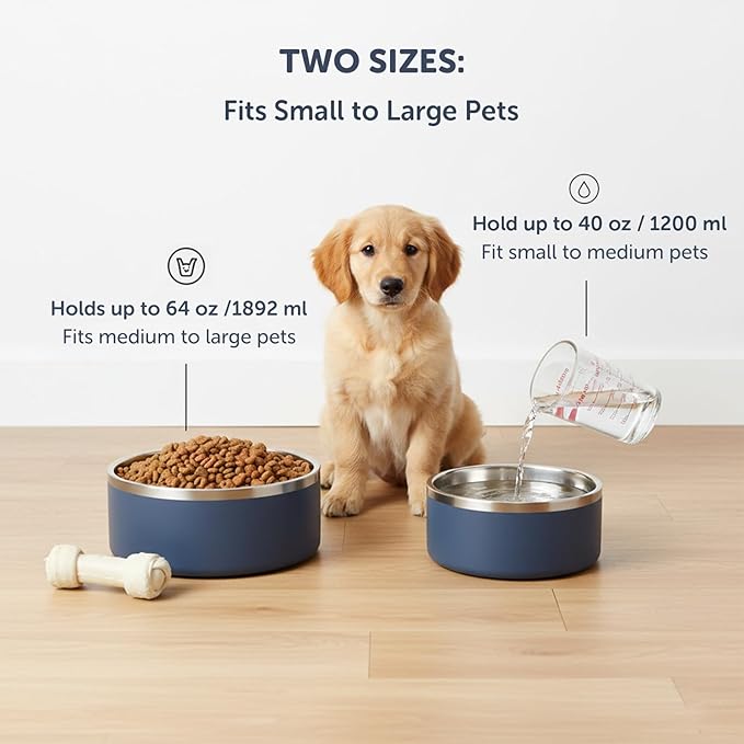 Dog Bowls, Stainless Steel Dog Food and Water Bowl for Small to Large Breed, Anti-Slip, Dishwasher Safer, Rust-Resistant, Easy to Clean, Weighted Durable Metal Bowl (Navy, 64 oz)