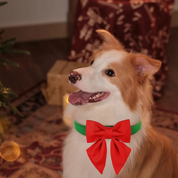 Maca Bates Christmas Grass Green Dog Collar with Cute Solid Sailor Bow Tie for Small Girl Boy Dogs,Adjustbale Durable Breakaway Soft Collars with Bowtie for Female Male Puppy,Pet