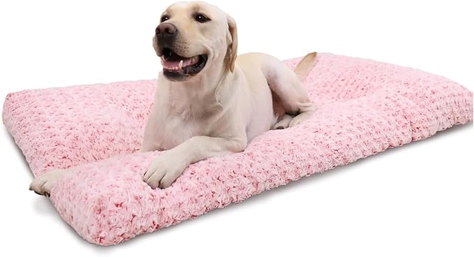 KSIIA Washable Dog Bed Deluxe Plush Dog Crate Beds Comfy Kennel Pad Anti-Slip Pet Sleeping Mat for Large, Jumbo, Medium, Small Dogs Breeds, 41" x 27", Pink